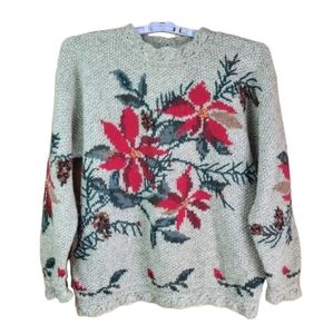 Vintage Woolrich 100% Wool Long Sleeve Pullover Poinsettia Design Sweater Medium